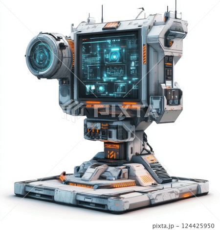 A futuristic looking machine with a large screen and orange and blue lights A futuristic looking machine with a large screen and orange and blue lights 124425950