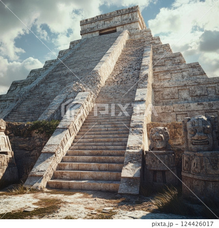 A large stone pyramid with a long staircase leading up to it A large stone pyramid with a long staircase leading up to it 124426017