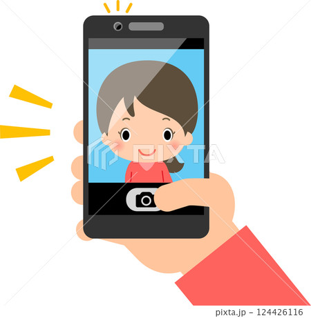 スマートフォンでセルフィーを撮る手 124426116