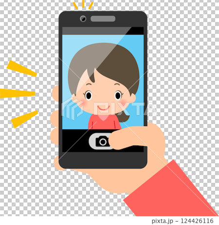 スマートフォンでセルフィーを撮る手 124426116