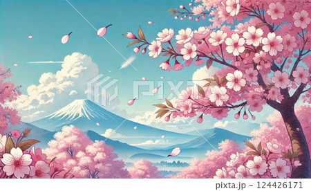 桜と花びらが舞う春の風景 124426171