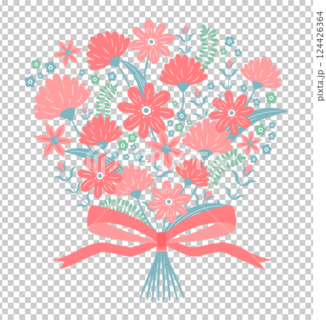 母の日に贈る手書きイラスト：カラフルでかわいいカーネーションのブーケと花束の真四角アート_白背景バナ 124426364