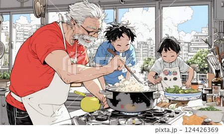 おじいさんが孫と一緒に料理を楽しそうに作っている