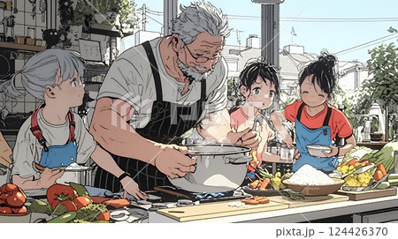 おじいさんが孫と一緒に料理を楽しそうに作っている