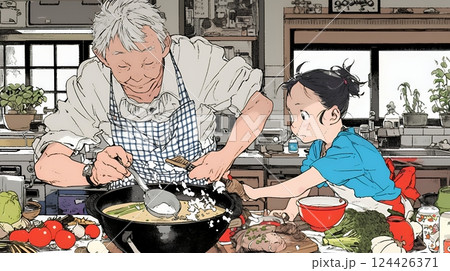 おじいさんが孫と一緒に料理を楽しそうに作っている