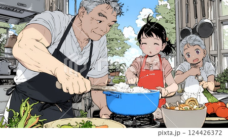 おじいさんが孫と一緒に料理を楽しそうに作っている