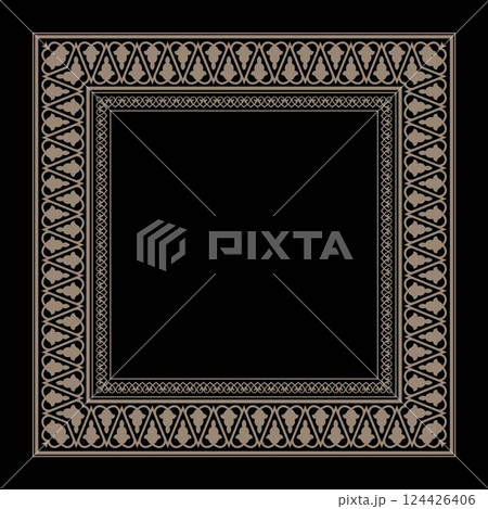 Vector golden square stencil of classic byzantine ornament. Border frame ancient Greece, of Eastern Roman Empire. Russian Orthodox Church decoration. For invitation, porcelain, embroidery, sandblast 124426406