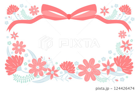 母の日のかわいいリボン付きお花の横型カードやバナーテンプレート：手書きのカーネーションイラストの背景 124426474