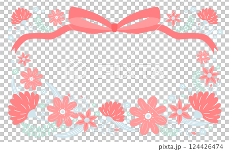 Mother's Day horizontal card or banner template with cute ribbon and flowers: hand-drawn carnation illustration background 124426474