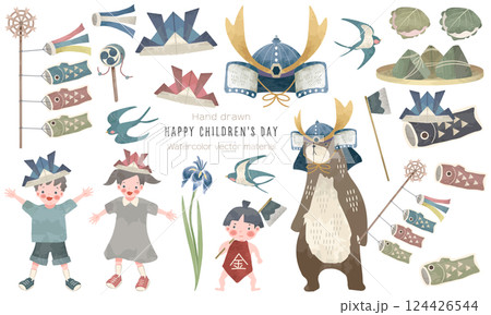 絵本タッチなかわいいこどもの日の素材セット 絵本タッチなかわいいこどもの日の素材セット 124426544