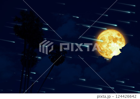 full moon and meteors rain on the night sky dark cloud and silhouette coconut full moon and meteors rain on the night sky dark cloud and silhouette coconut 124426642