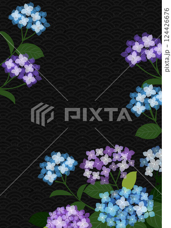 梅雨、背景、あじさい、セロハン、和風、かわいい、イラスト、縦、青海波、黒 124426676