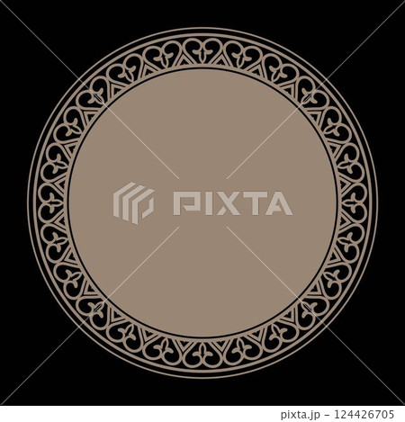 Decorative gold round frame for design with abstract floral pattern. Circle frame. Elegant element in Eastern style, place for text. Floral gold border. For invitation, textile, ceramic, porcelain Decorative gold round frame for design with abstract floral pattern. Circle frame. Elegant element in Eastern style, place for text. Floral gold border. For invitation, textile, ceramic, porcelain 124426705