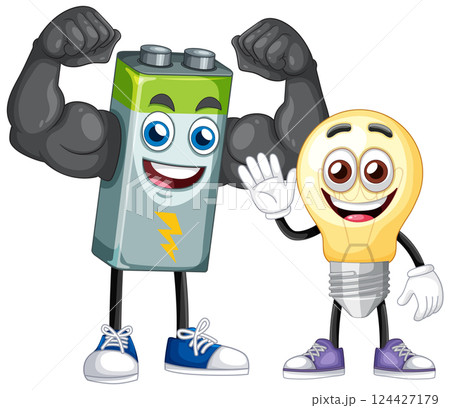 Energetic Battery and Bright Bulb Cartoon Duo Energetic Battery and Bright Bulb Cartoon Duo 124427179