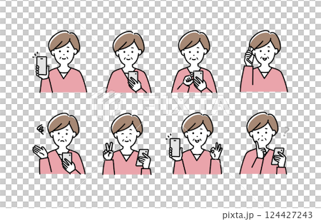 Illustration set of senior women operating smartphones Illustration set of senior women operating smartphones 124427243