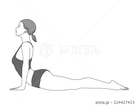 ヨガ 上向きの犬のポーズをする日本人女性のイラスト 全身横向き 横顔 モノクロ 124427413