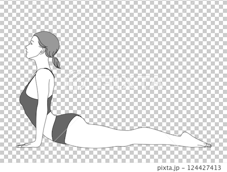 ヨガ 上向きの犬のポーズをする日本人女性のイラスト 全身横向き 横顔 モノクロ 124427413