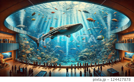 水族館の水槽を泳ぐジンベイザメ 水族館の水槽を泳ぐジンベイザメ 124427878