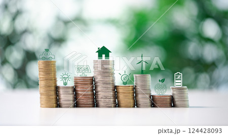 Eco-friendly house became more affordable thanks to a tax credit and subsidy for solar energy, highlighting the benefits of renewable energy vs. traditional sources. 124428093