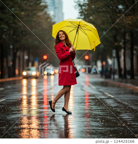 A smiling woman closing an umbrella after the rain 124428166