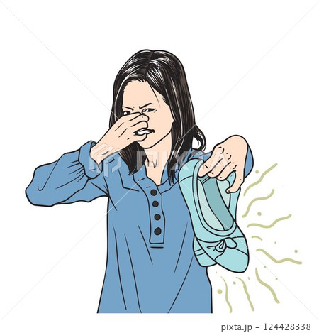 Woman Cover Nose Disgusted With Smelly Shoes Woman Cover Nose Disgusted With Smelly Shoes 124428338