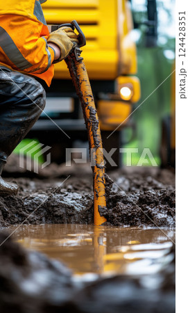 worker connects suction hose to sewage tanker truck in muddy environment worker connects suction hose to sewage tanker truck in muddy environment 124428351