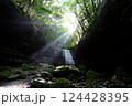 朝日が差し込む森林のなかに小さな滝を見つけた。 124428395