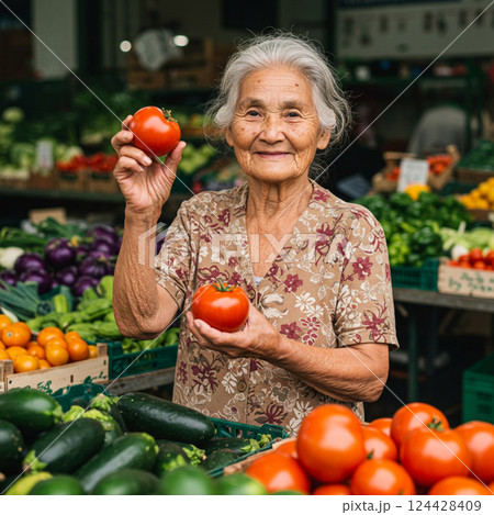A grandmother holding fresh vegetables at a market 124428409