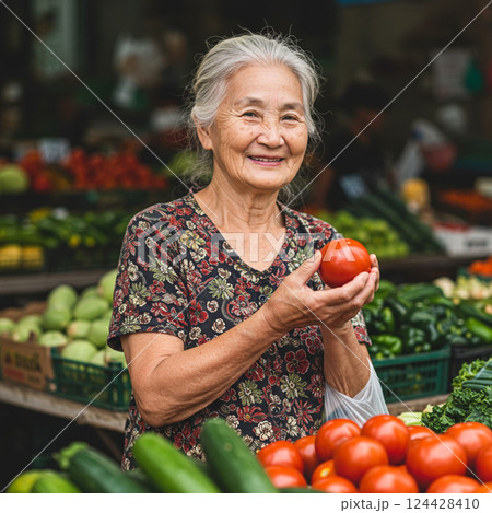 A grandmother holding fresh vegetables at a market 124428410