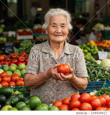 A grandmother holding fresh vegetables at a market 124428411