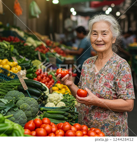 A grandmother holding fresh vegetables at a market 124428412