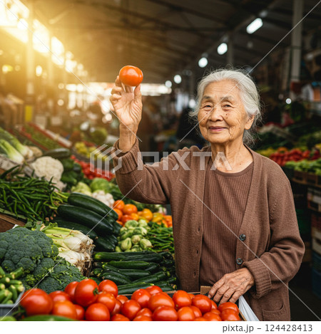 A grandmother holding fresh vegetables at a market 124428413