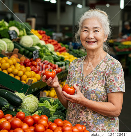A grandmother holding fresh vegetables at a market 124428414