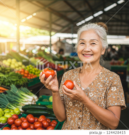A grandmother holding fresh vegetables at a market 124428415