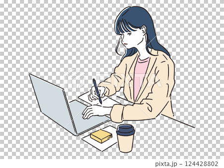 Woman working on a laptop - remote work, office work illustration 124428802