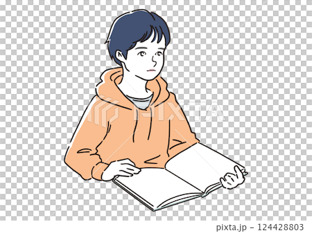 男孩讀課本 — 學習、教育、學校生活插圖 男孩讀課本 — 學習、教育、學校生活插圖 124428803