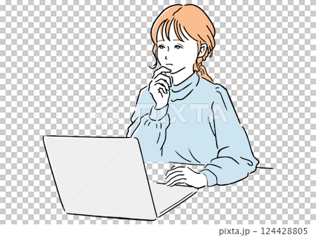 一個女人一邊看著筆記型電腦一邊思考 — — 想法、思考、解決問題的例證 124428805