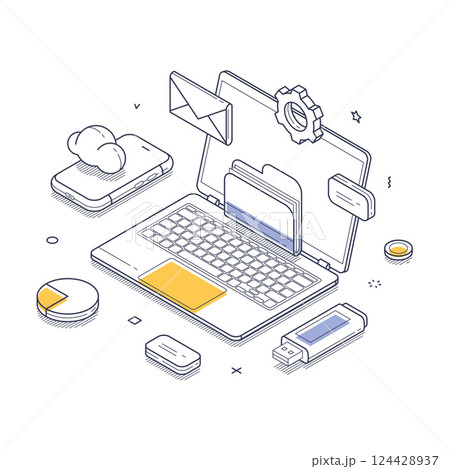 Isometric line art illustration of cloud storage concept and digital workspace elements Isometric line art illustration of cloud storage concept and digital workspace elements 124428937