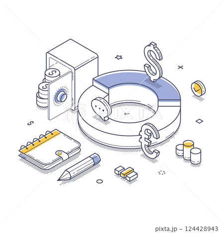 Financial planning isometric line art illustration with various financial elements included 124428943