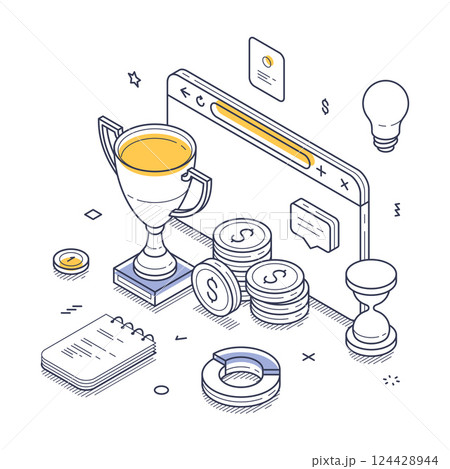 Business achievements represented through isometric line art with icons and design elements 124428944