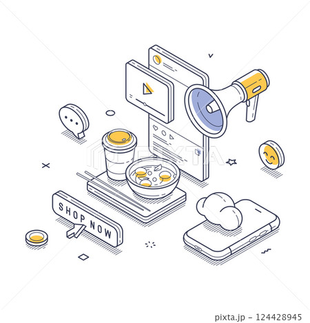 Engaging isometric line art for online business promotion and digital marketing strategies 124428945