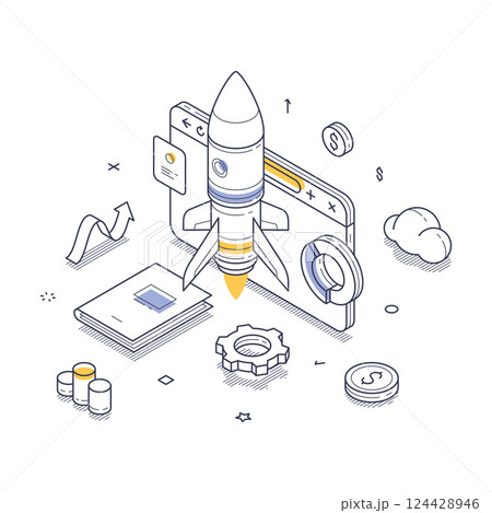 Creative isometric illustration showing a startup launch and business growth 124428946