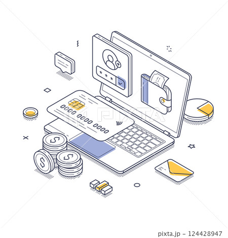 Isometric line art showing online payment and transaction systems in a digital setting 124428947