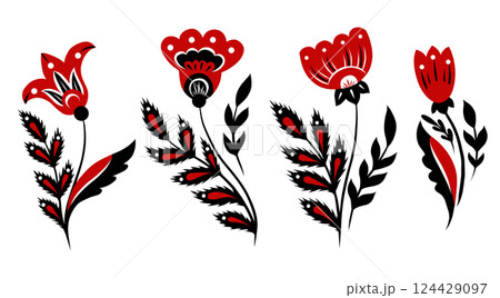 Vector set of black and red decorative floral clip arts. Collection of slavic flowers in folk art style isolated from background. Blooming wildflowers Vector set of black and red decorative floral clip arts. Collection of slavic flowers in folk art style isolated from background. Blooming wildflowers 124429097