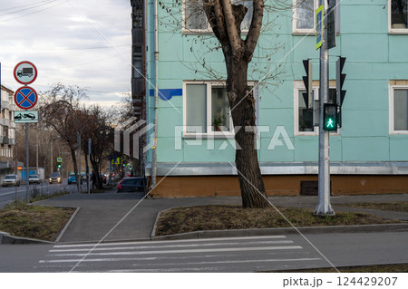 Pedestrian crossing signs on a traffic light stand at an intersection. 124429207
