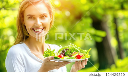 A plate filled with nature's bounty, a harmonious blend of health and taste. A vibrant salad for a nourished body and a happy soul. 124429220