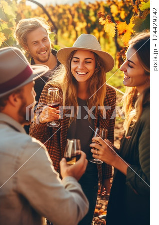 Close-up vertical photo of a young winemakers tasting their wine. Organic bio red wine outdoors in a vineyard with your friends. Tasting red wine with friends. Close-up vertical photo of a young winemakers tasting their wine. Organic bio red wine outdoors in a vineyard with your friends. Tasting red wine with friends. 124429242