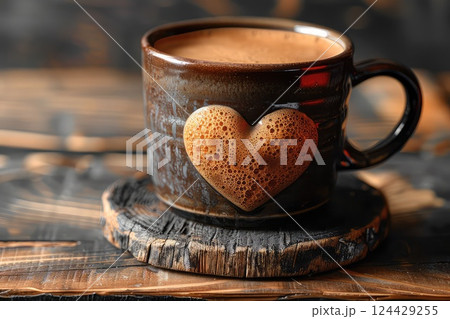 Freshly brewed aromatic coffee with foam in a rough rustic mug on a wooden table. A symphony of flavors, harmonizing in every drop. 124429255