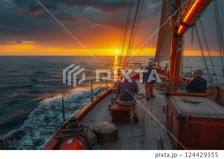 A yacht sails on the open sea at sunset. Close-up view of the deck, mast and sails. Clear sky after rain, spectacular glowing clouds, golden sunlight, calm waves and splashes of water. Epic sunset. 124429355