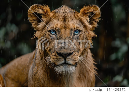 Close-up photo of a blue eyed lioness. This blue-eyed lioness, framed by the golden grass, reflects the untamed spirit of the savanna in her gaze. Close-up photo of a blue eyed lioness. This blue-eyed lioness, framed by the golden grass, reflects the untamed spirit of the savanna in her gaze. 124429372